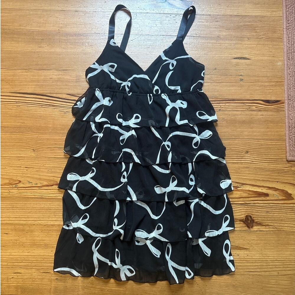 Old Navy black tiered chiffon babydoll ruffle bow mini dress SIZE M‎